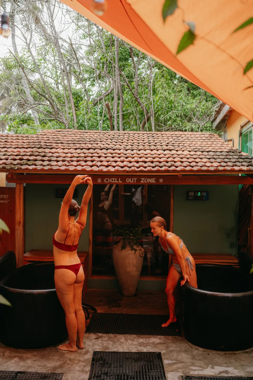 Guests at the ice baths under the tiled roof